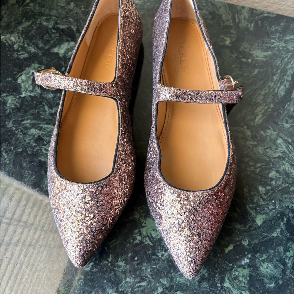 J Crew Glitter Sparkle Pointed Mary Jane Strap Flats in Rose Gold Size 7